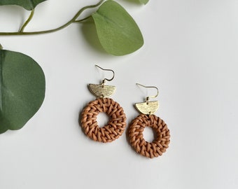 Circle Rattan Earrings, Tropical Beach Earrings, Boho earrings, Handwoven jewelry, Lightweight earrings, Boho Earrings