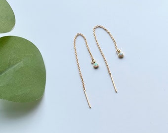 Opal Gold Filled threader earrings, Dainty Mimimalist chain earring, White Opal jewelry, Silver Chain Earring, Gemstone Earrings