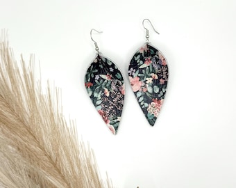 Leather Leaf Earrings, Floral Boho Dangle Earrings, Lightweight Statement Earrings, Nature Inspired Jewelry, Gift for Her