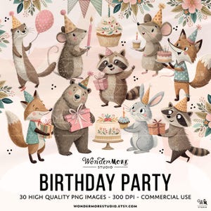 Tiere Geburtstag Clipart PNG niedliche Kinder Grafiken transparent wunderliche Kinderzimmer Party Clip Art Set Boho Baby Geburtstagseinladungen, 250402