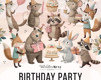 Clipart anniversaire animaux PNG Graphismes enfants mignons Transparent lunatique chambre d'enfant fête clipart ensemble Invitations d'anniversaire de bébé Boho, 250402