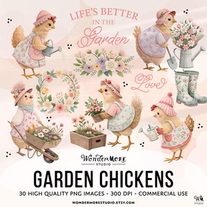 Cute Chicken Clipart PNG Garden Chickens Graphics Transparent Spring Cottagecore Clip Art Sweet Pink Chicken Coop Instant Download by WondermoreStudio, by Wondermore Studio