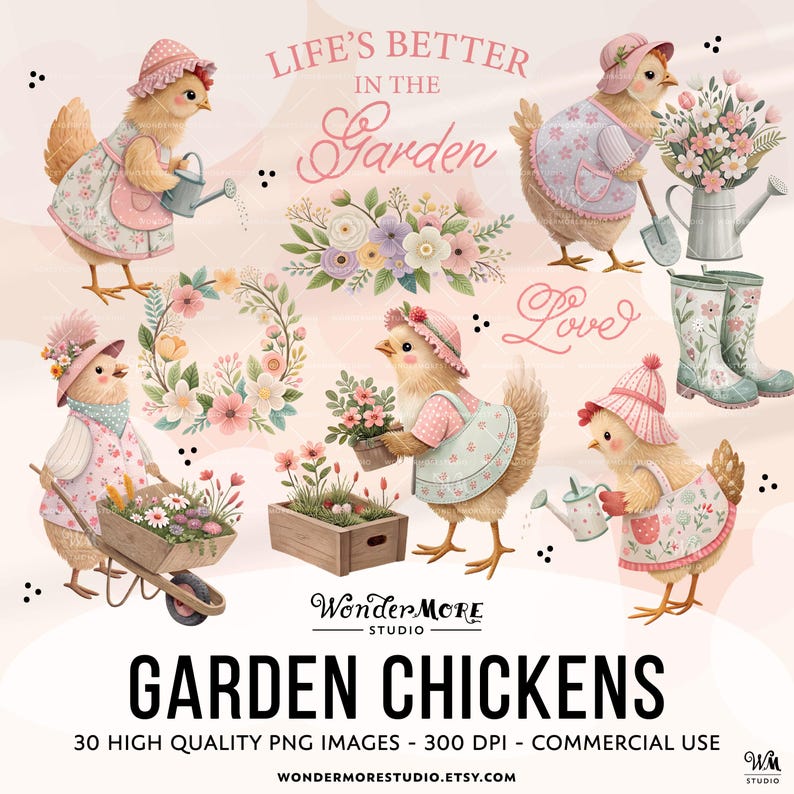 Cute Chicken Clipart PNG Garden Chickens Graphics Transparent Spring Cottagecore Clip Art Sweet Pink Chicken Coop Instant Download by WondermoreStudio, by Wondermore Studio