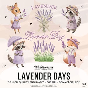 Lavender Clipart Bundle Cute Purple PNG Graphics Transparent Woodland Animals Clip Art Sweet Lilac Clipart Set Instant Download by WondermoreStudio, by Wondermore Studio