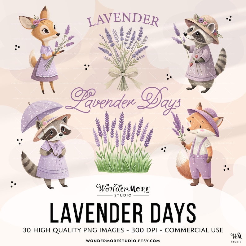 Lavender Clipart Bundle Cute Purple PNG Graphics Transparent Woodland Animals Clip Art Sweet Lilac Clipart Set Instant Download by WondermoreStudio, by Wondermore Studio