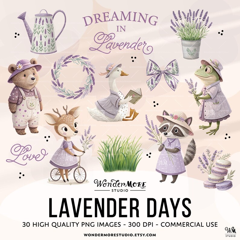 Lavender Clipart Bundle Cute Purple PNG Graphics Transparent Woodland Animals Clip Art Sweet Lilac Clipart Set Instant Download by WondermoreStudio, by Wondermore Studio