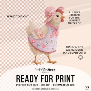 Cute Chicken Clipart PNG Garden Chickens Graphics Transparent Spring Cottagecore Clip Art Sweet Pink Chicken Coop Instant Download by WondermoreStudio, by Wondermore Studio