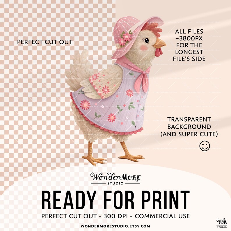 Cute Chicken Clipart PNG Garden Chickens Graphics Transparent Spring Cottagecore Clip Art Sweet Pink Chicken Coop Instant Download by WondermoreStudio, by Wondermore Studio