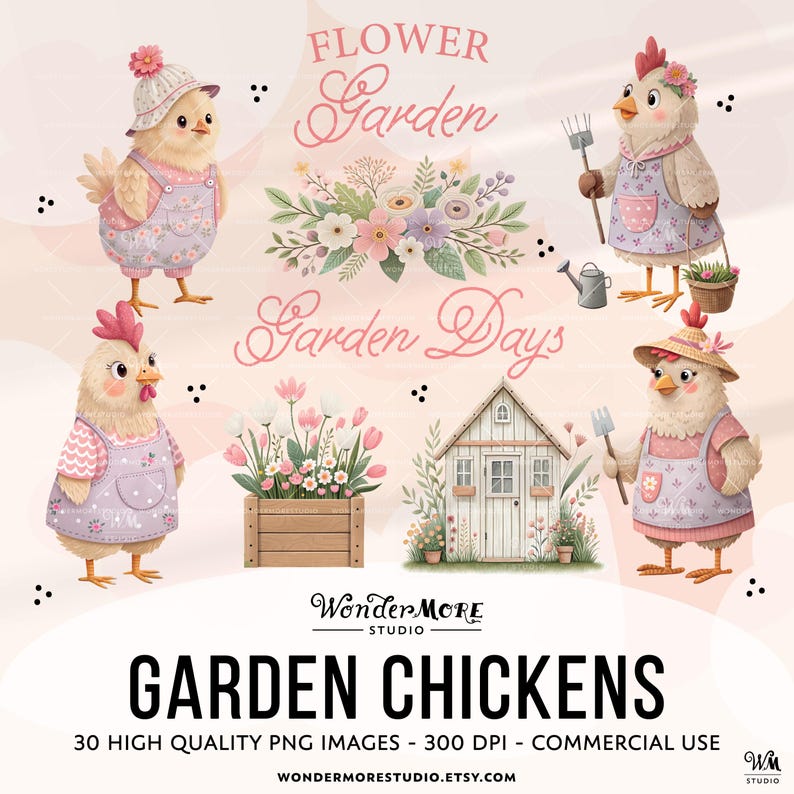 Cute Chicken Clipart PNG Garden Chickens Graphics Transparent Spring Cottagecore Clip Art Sweet Pink Chicken Coop Instant Download by WondermoreStudio, by Wondermore Studio