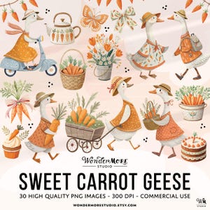 May include: A set of 30 digital illustrations featuring cute cartoon geese holding carrots, riding a scooter, and other spring-themed elements. The illustrations are in a watercolor style and are perfect for creating digital or printed projects.