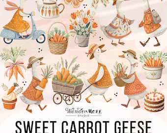 Easter Goose Clipart PNG Cute Carrot Geese Graphics Transparent Spring Cottagecore Clip Art Orange Sweet Clipart Instant Download, 250317