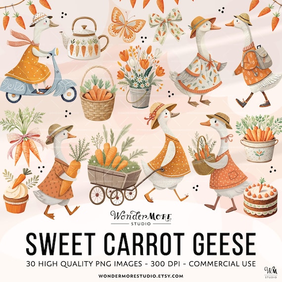 Easter Goose Clipart PNG Cute Carrot Geese Graphics Transparent Spring Cottagecore Clip Art Orange Sweet Clipart Instant Download, 250317