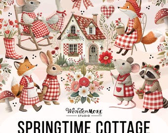 Spring Clipart Cute Cottagecore PNG Transparent Spring Animals Clip Art Sweet Florals Farm Red Gingham Nursery Kids Commercial Use, 250320