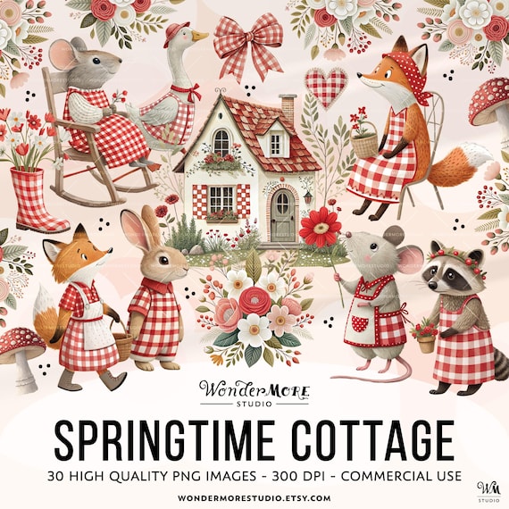 Spring Clipart Cute Cottagecore PNG Transparent Spring Animals Clip Art Sweet Florals Farm Red Gingham Nursery Kids Commercial Use, 250320