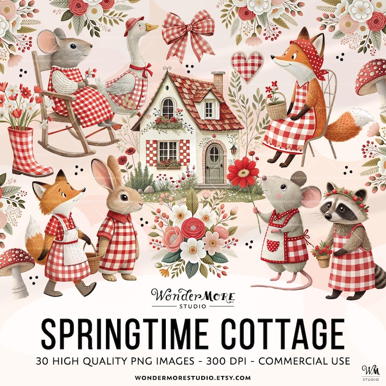 Spring Clipart Cute Cottagecore PNG Transparent Spring Animals Clip Art Sweet Florals Farm Red Gingham Nursery Kids Rustic Farmcore Commercial Use by Wondermore Studio, by WondermoreStudio