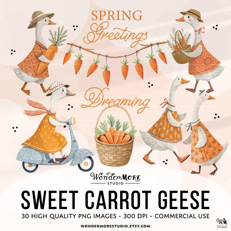 Easter Goose Clipart PNG Cute Carrot Geese Graphics Transparent Spring Cottagecore Clip Art Orange Sweet Clipart Instant Download by Wondermore Studio, by WondermoreStudio