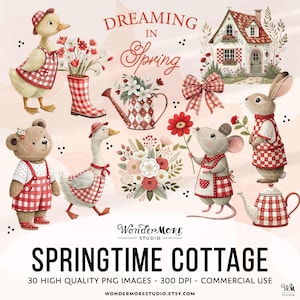 Spring Clipart Cute Cottagecore PNG Transparent Spring Animals Clip Art Sweet Florals Farm Red Gingham Nursery Kids Rustic Farmcore Commercial Use by Wondermore Studio, by WondermoreStudio