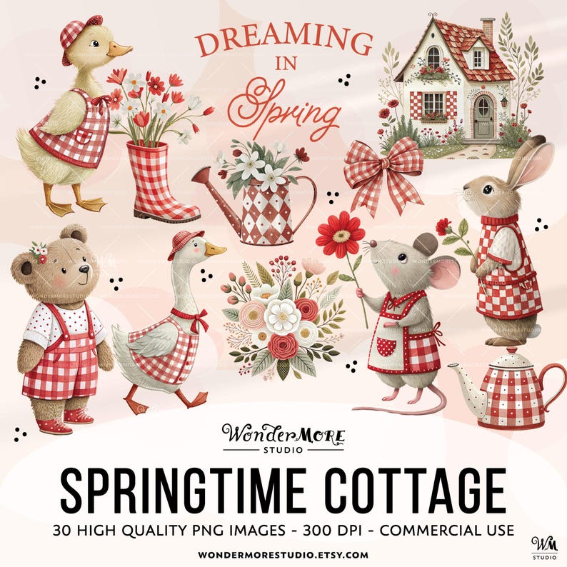 Spring Clipart Cute Cottagecore PNG Transparent Spring Animals Clip Art Sweet Florals Farm Red Gingham Nursery Kids Rustic Farmcore Commercial Use by Wondermore Studio, by WondermoreStudio