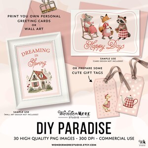 Spring Clipart Cute Cottagecore PNG Transparent Spring Animals Clip Art Sweet Florals Farm Red Gingham Nursery Kids Rustic Farmcore Commercial Use by Wondermore Studio, by WondermoreStudio