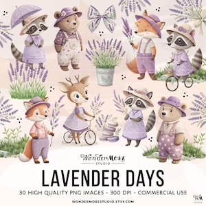 Ensemble de clipart lavande mignon violet PNG graphiques Transparent animaux de la forêt Clip Art doux lilas Clipart ensemble téléchargement immédiat, 250312