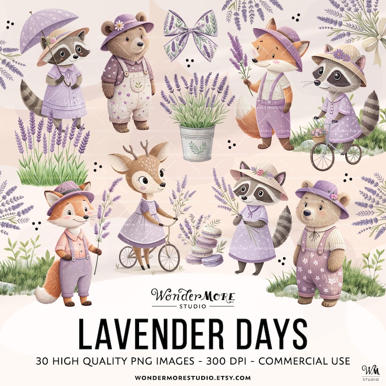 Lavender Clipart Bundle Cute Purple PNG Graphics Transparent Woodland Animals Clip Art Sweet Lilac Clipart Set Instant Download by WondermoreStudio, by Wondermore Studio