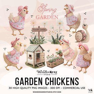Cute Chicken Clipart PNG Garden Chickens Graphics Transparent Spring Cottagecore Clip Art Sweet Pink Chicken Coop Instant Download by WondermoreStudio, by Wondermore Studio