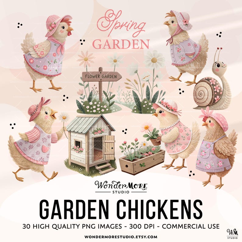 Cute Chicken Clipart PNG Garden Chickens Graphics Transparent Spring Cottagecore Clip Art Sweet Pink Chicken Coop Instant Download by WondermoreStudio, by Wondermore Studio