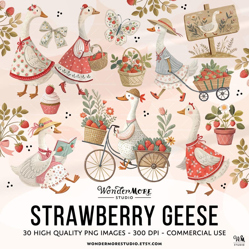 Strawberry Goose Clipart PNG Cute Geese Graphics Transparent Spring Cottagecore Clip Art Sweet Clipart Strawberries Instant Download by WondermoreStudio, by Wondermore Studio