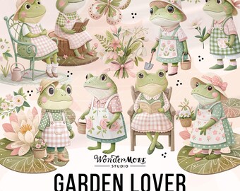 Grenouille Clipart PNG Grenouilles mignonnes graphiques Transparent vert et rose printemps jardin Clip Art doux Clipart Téléchargement instantané, 260326