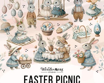 Vintage Easter Clipart PNG Blue Cute Bunny Graphics Transparent Spring Picnic Easter Bunnies Clip Art Sweet Rabbits Instant Download, 250316