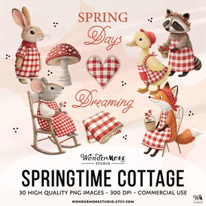 Spring Clipart Cute Cottagecore PNG Transparent Spring Animals Clip Art Sweet Florals Farm Red Gingham Nursery Kids Rustic Farmcore Commercial Use by Wondermore Studio, by WondermoreStudio