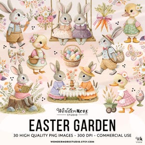 Imágenes prediseñadas de Pascua PNG Lindos conejitos Gráficos Transparentes Conejitos de Pascua de primavera Clip Art Dulces patitos de granja Descarga instantánea, 250315
