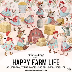 Clipart di fattoria carina PNG Vita di fattoria Animali Grafica Trasparente Primavera Farmcore Clip Art Rosso Blu Fattoria Clipart Fienile Download immediato, 250401