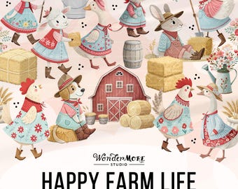 Cute Farm Clipart PNG Farm Life Animals Graphics Transparent Spring Farmcore Clip Art Red Blue Farm Clipart Barn Instant Download, 250401
