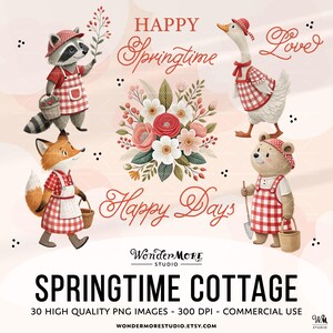 Spring Clipart Cute Cottagecore PNG Transparent Spring Animals Clip Art Sweet Florals Farm Red Gingham Nursery Kids Rustic Farmcore Commercial Use by Wondermore Studio, by WondermoreStudio