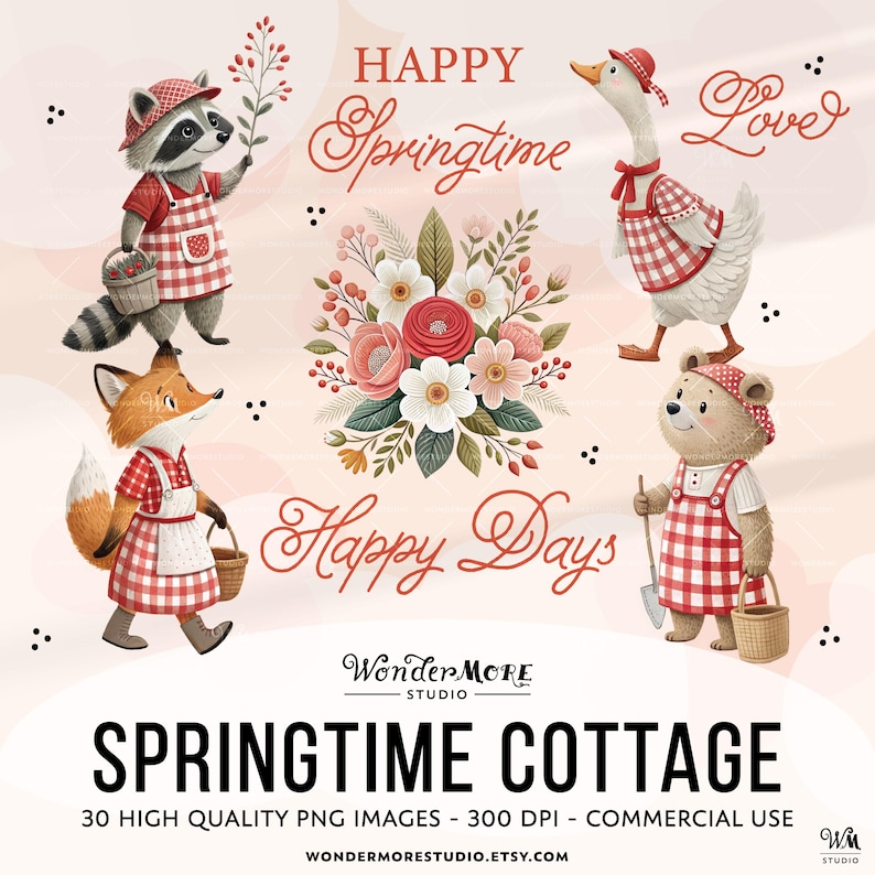 Spring Clipart Cute Cottagecore PNG Transparent Spring Animals Clip Art Sweet Florals Farm Red Gingham Nursery Kids Rustic Farmcore Commercial Use by Wondermore Studio, by WondermoreStudio