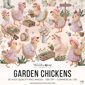 Poulet mignon Clipart PNG graphiques de poulets de jardin transparent printemps Cottagecore Clip Art poulailler rose doux téléchargement immédiat, 250319