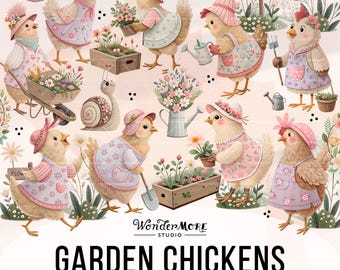 Cute Chicken Clipart PNG Garden Chickens Graphics Transparent Spring Cottagecore Clip Art Sweet Pink Chicken Coop Instant Download, 250319