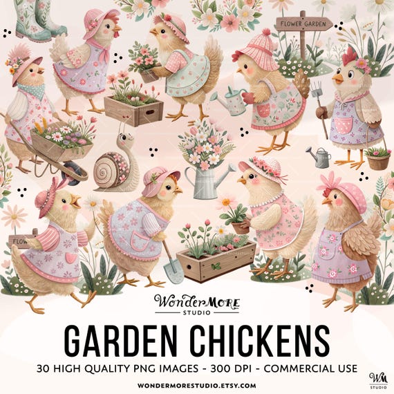 Cute Chicken Clipart PNG Garden Chickens Graphics Transparent Spring Cottagecore Clip Art Sweet Pink Chicken Coop Instant Download, 250319