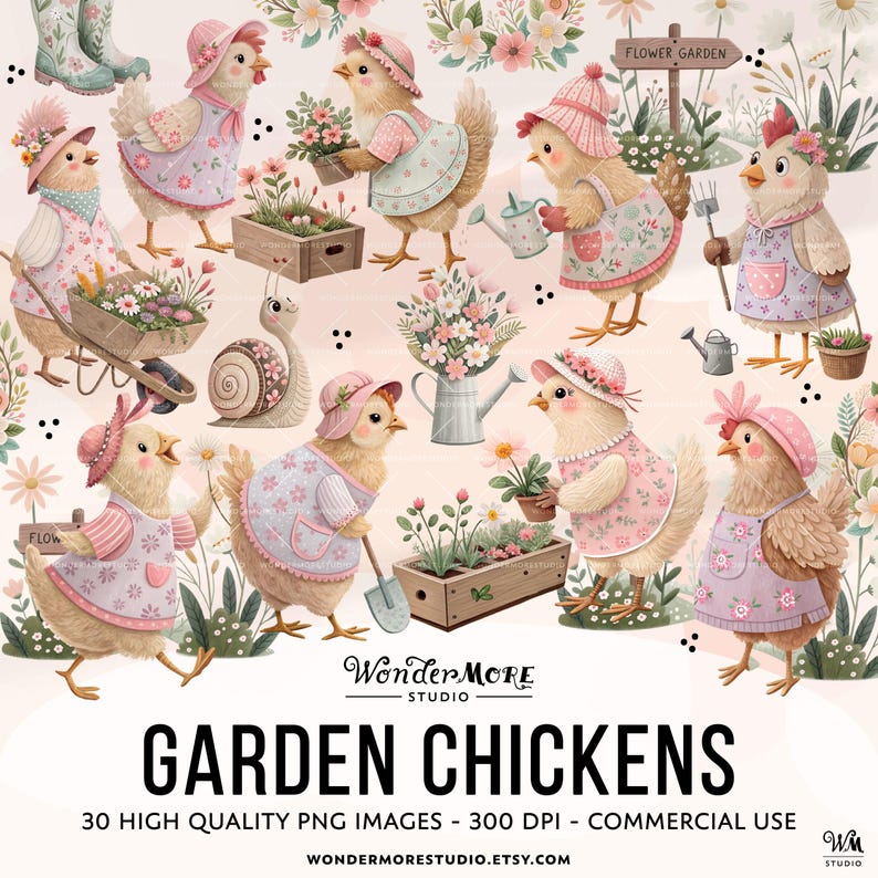 Cute Chicken Clipart PNG Garden Chickens Graphics Transparent Spring Cottagecore Clip Art Sweet Pink Chicken Coop Instant Download by WondermoreStudio, by Wondermore Studio