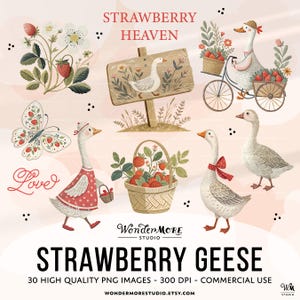 Strawberry Goose Clipart PNG Cute Geese Graphics Transparent Spring Cottagecore Clip Art Sweet Clipart Strawberries Instant Download by WondermoreStudio, by Wondermore Studio