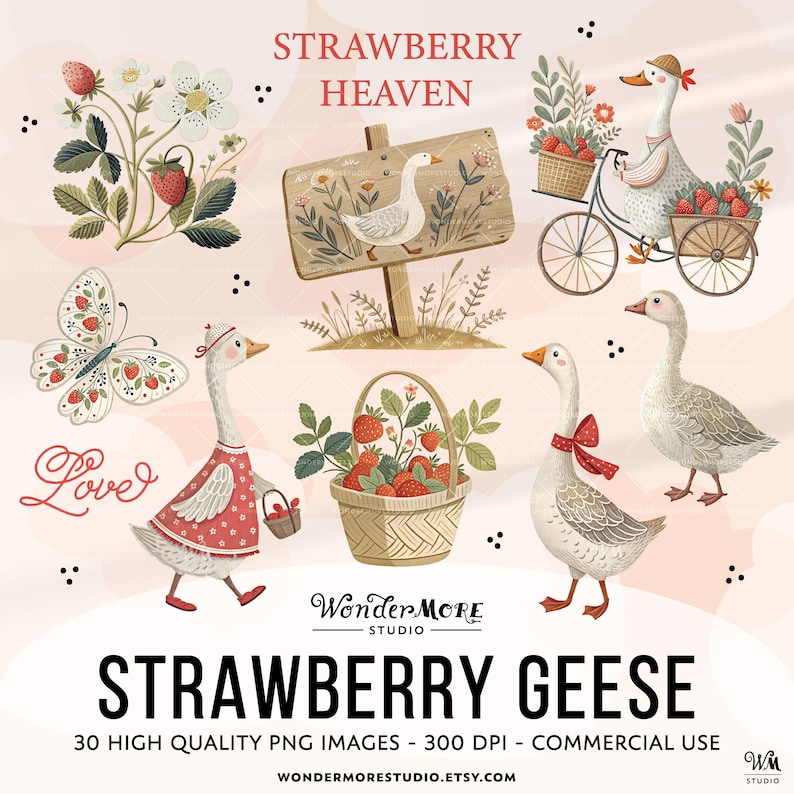 Strawberry Goose Clipart PNG Cute Geese Graphics Transparent Spring Cottagecore Clip Art Sweet Clipart Strawberries Instant Download by WondermoreStudio, by Wondermore Studio