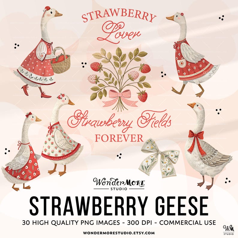 Strawberry Goose Clipart PNG Cute Geese Graphics Transparent Spring Cottagecore Clip Art Sweet Clipart Strawberries Instant Download by WondermoreStudio, by Wondermore Studio