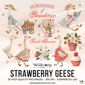 Strawberry Goose Clipart PNG Cute Geese Graphics Transparent Spring Cottagecore Clip Art Sweet Clipart Strawberries Instant Download by WondermoreStudio, by Wondermore Studio