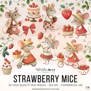 Aardbei muis clipart PNG schattige muizen graphics transparant voorjaar Cottagecore Clip Art zoete Farmcore aardbeien direct downloaden, 250314