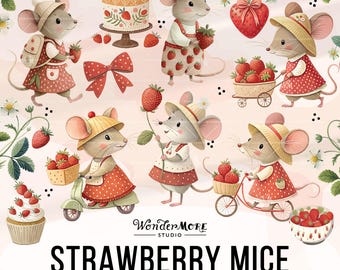 Strawberry Mouse Clipart PNG Cute Mice Graphics Transparent Spring Cottagecore Clip Art Sweet Farmcore Strawberries Instant Download, 250314
