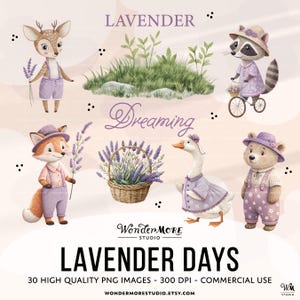 Lavender Clipart Bundle Cute Purple PNG Graphics Transparent Woodland Animals Clip Art Sweet Lilac Clipart Set Instant Download by WondermoreStudio, by Wondermore Studio