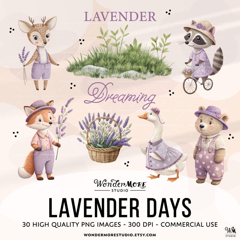 Lavender Clipart Bundle Cute Purple PNG Graphics Transparent Woodland Animals Clip Art Sweet Lilac Clipart Set Instant Download by WondermoreStudio, by Wondermore Studio