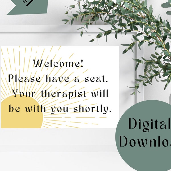 Therapy Waiting Room, Welcome Sign, INSTANT DOWNLOAD Printable PDF Wall Art Boho Yellow Sun Therapist Counselors Psychologists Font 1 3SUN23