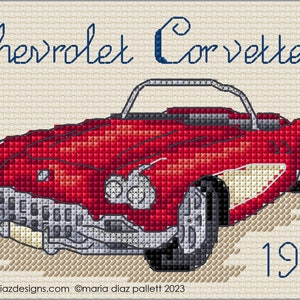 May include: Cross-stitch design of a red 1960 Chevrolet Corvette. The car is depicted in a pixelated style with a silver trim and wheels. The words "Chevrolet Corvette" are stitched in blue above the car, and the year "1960" is below.